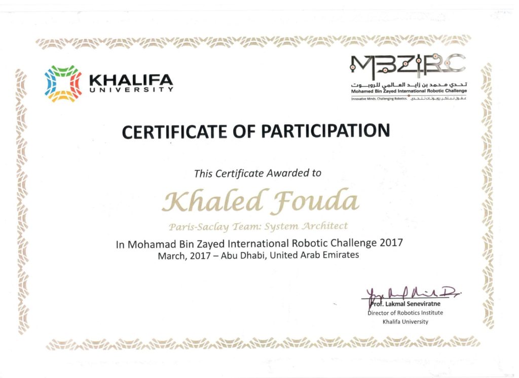 Certificate of Participation in MBZIRC-2017